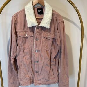 boohooMAN Pink Trucker Jacket Sherpa Collar Button Accents Mid-Length Size L
